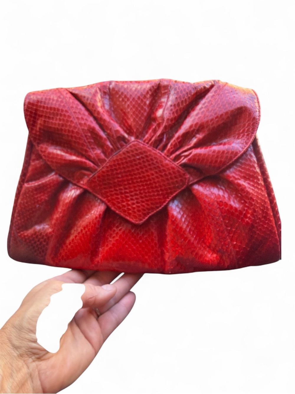 Vintage 1980s Genuine Red Snakeskin Bow Pleated Evening Clutch Bag Retro